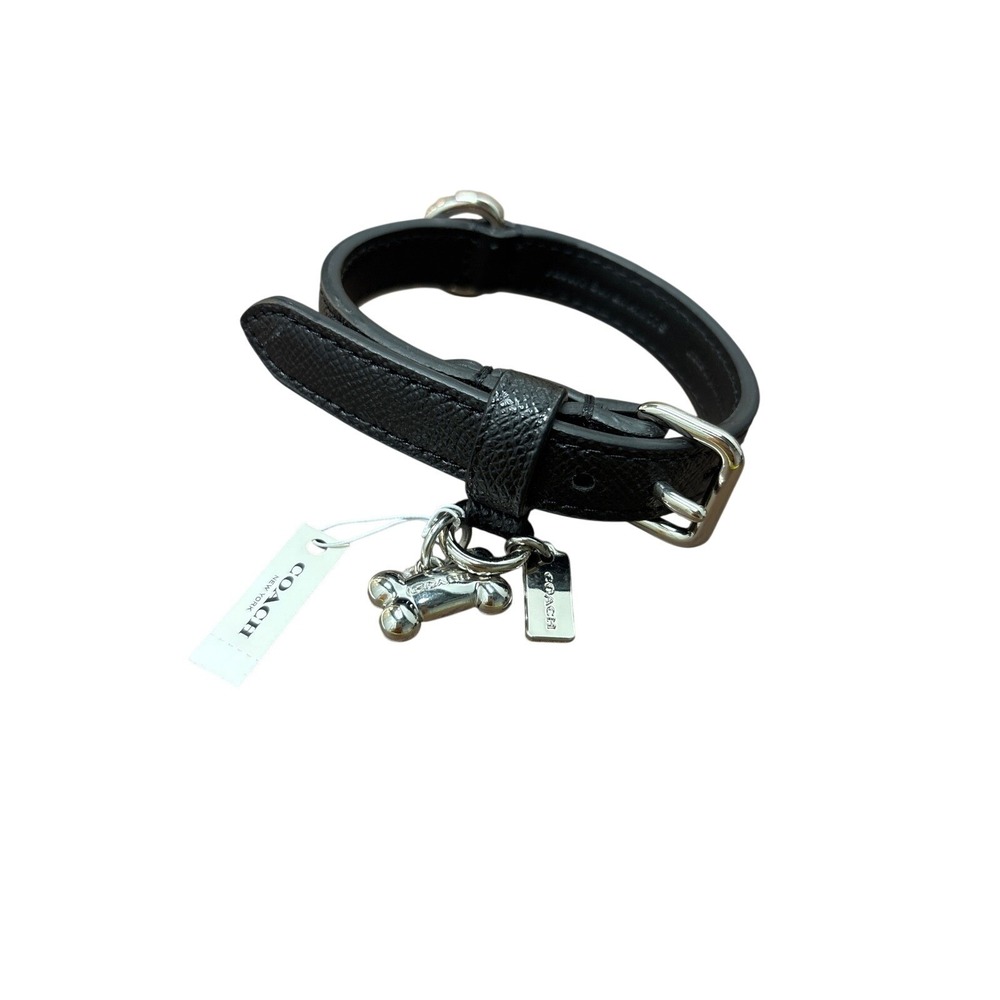 Coach Small Dog Collar Black Crossgrain Leather Silver Bone Charm F26177 NEW